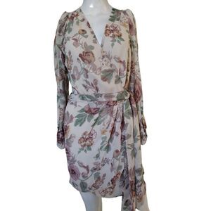 Dress Forum Wrap Dress Woman's S‎ Pink Beige Floral Long Balloon Sleeve Mini